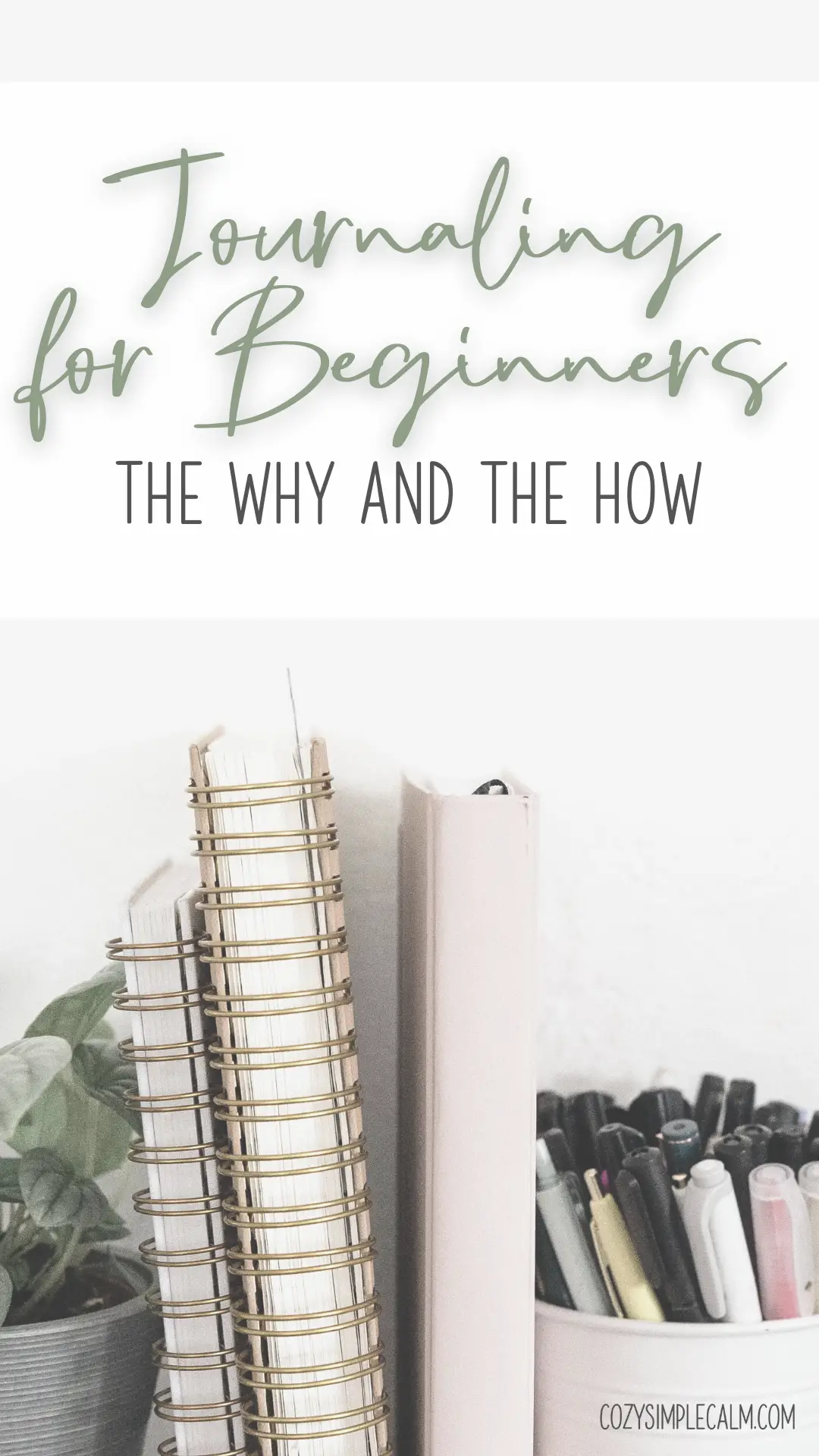 Image of shelf with journals and pens - text overlay: Journaling for beginners: The why and the how