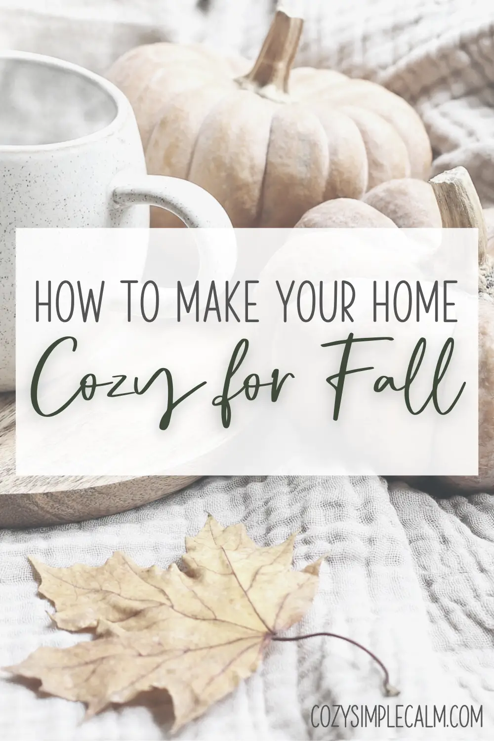 Image of small pumpkins, coffee mug, and fall leaves sitting on blanket - Text overlay: How to make your home cozy for fall - cozysimplecalm.com