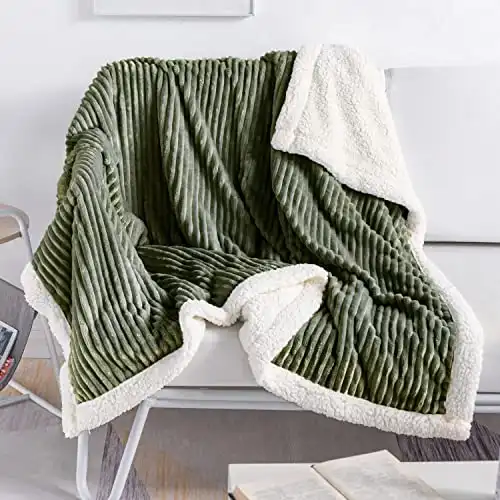 Fuzzy Sherpa Throw Blanket, Olive Green