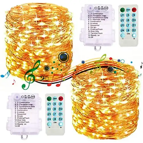 2 Pack Sound Activated String Lights, 32.8ft 100LEDs - AA Battery Powered, Remote Control