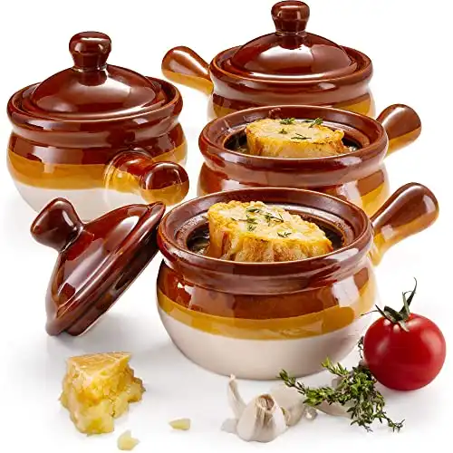 French Onion Soup Crock Bowls with Handles and Lid, 15 Ounce - Set of 4