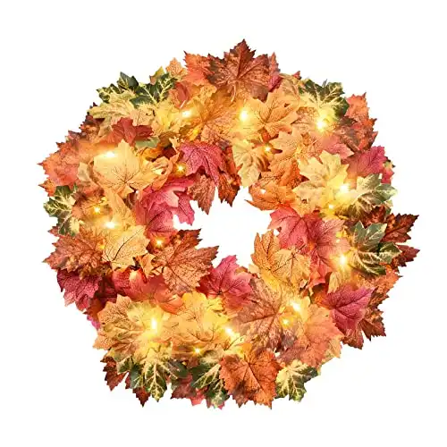 19” Lighted Autumn Maple Leaves Wreath with Timer
